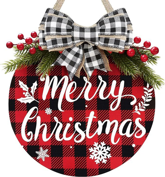 Christmas Wreath - Buffalo Plaid Xmas Decorations - Winter Wreaths Merry Christmas Sign for Holiday Rustic Farmhouse Front Door Porch Wall Window Outside Decorations