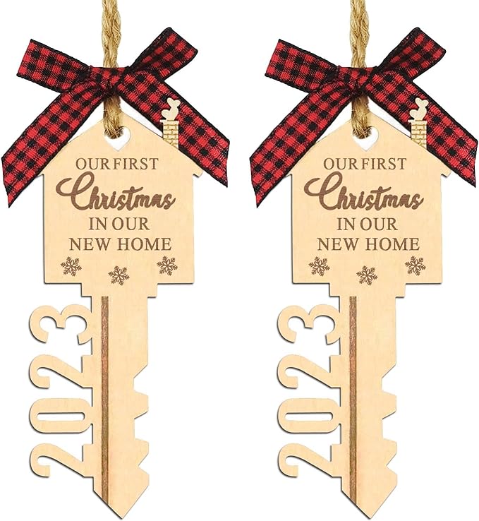 2023 Our First Christmas in Our New Home Wood Key Christmas Ornament for Housewarming Gift Christmas Tree Holiday Decoration Pack of 2