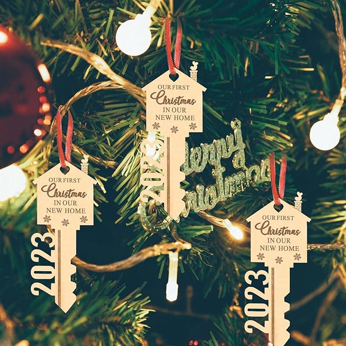 2023 Our First Christmas in Our New Home Wood Key Christmas Ornament for Housewarming Gift Christmas Tree Holiday Decoration Pack of 2