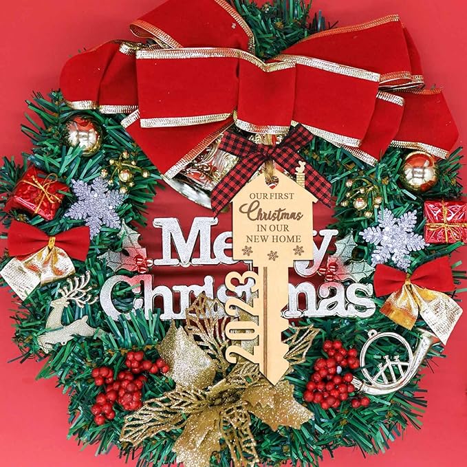 2023 Our First Christmas in Our New Home Wood Key Christmas Ornament for Housewarming Gift Christmas Tree Holiday Decoration Pack of 2