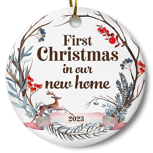 First Christmas in Our New Home Christmas Ornament, Whimsical Woodland Ornament, Housewarming Gift, Homeowner Present, 3" Flat Ceramic Ornament with Gift Box