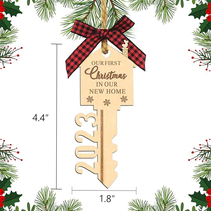 2023 Our First Christmas in Our New Home Wood Key Christmas Ornament for Housewarming Gift Christmas Tree Holiday Decoration Pack of 2