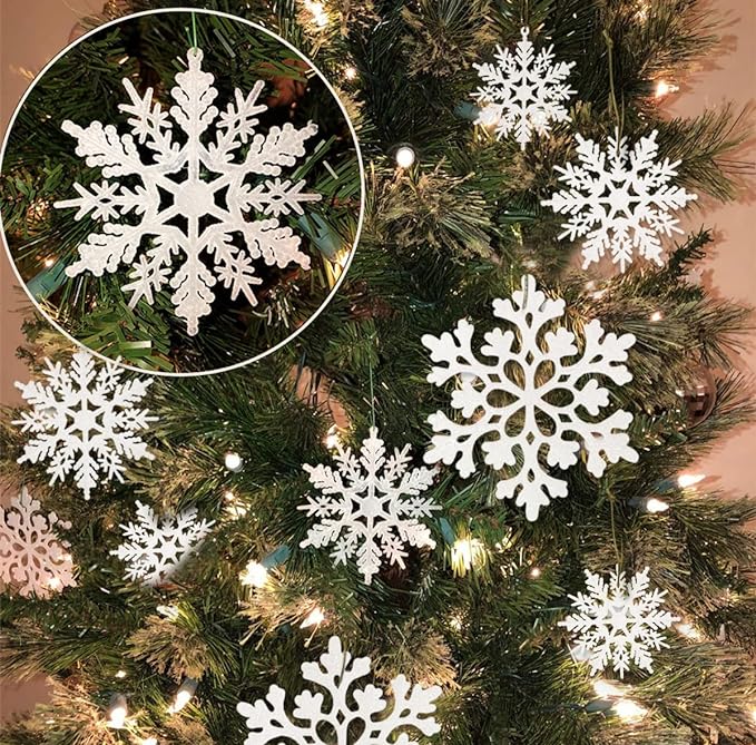 36pcs Christmas White Snowflake Ornaments Plastic Glitter Snow Flakes Ornaments for Winter Christmas Tree Decorations Size Varies Craft Snowflakes